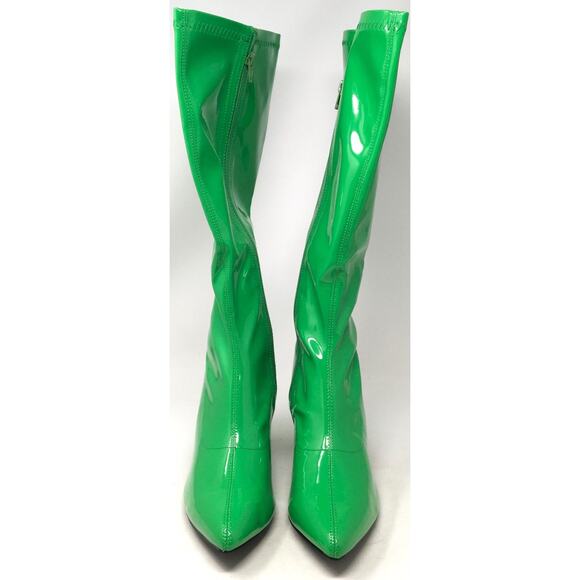 Bold Green Faux Glossy Patent Knee High Chunky Heel Zip Boots Women's Size 9 - Picture 4 of 6